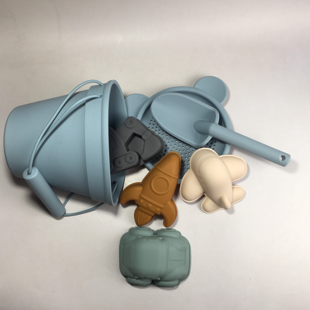 7pc Blue Silicone Beach Sand Toy Set Toddlers Kids w/ Bucket, Shovel & Sand Sifter & Mold