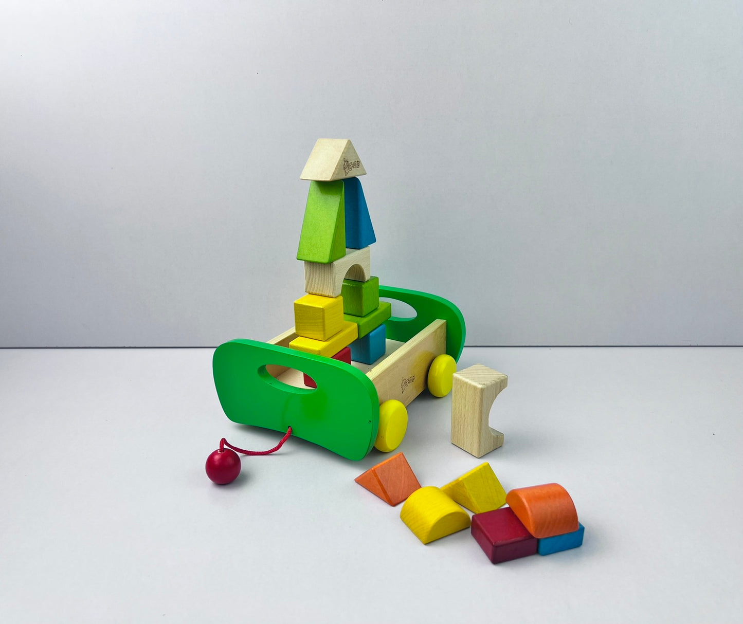 17pc Wooden Building Blocks Pull Toy Trolley