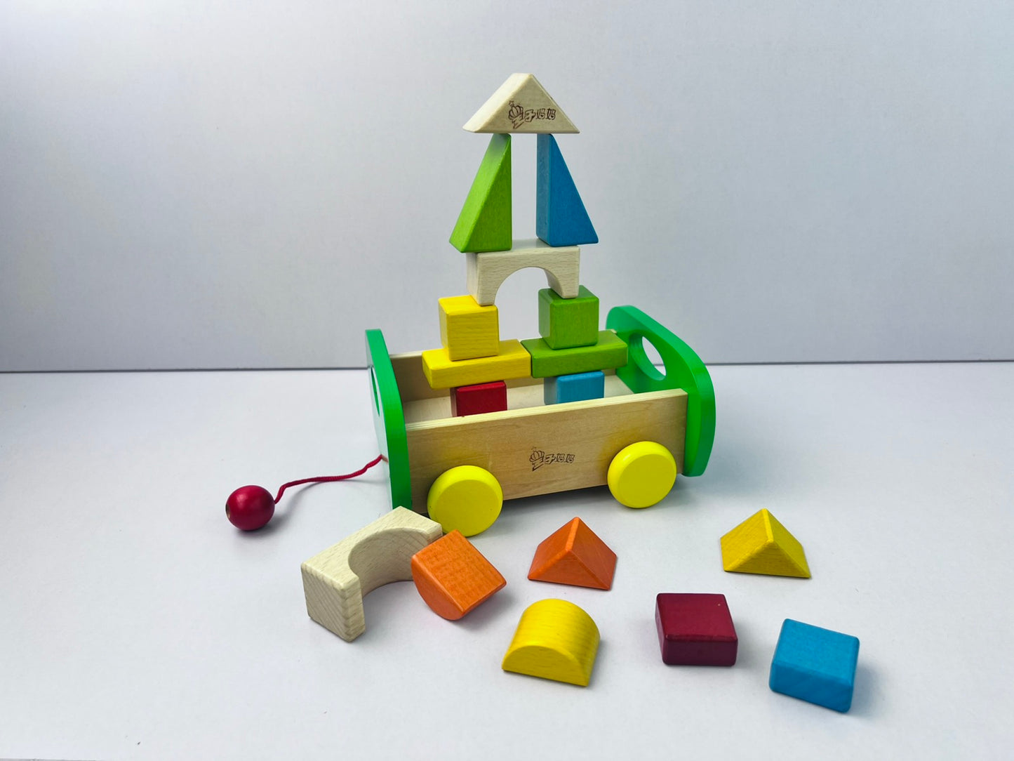 17pc Wooden Building Blocks Pull Toy Trolley