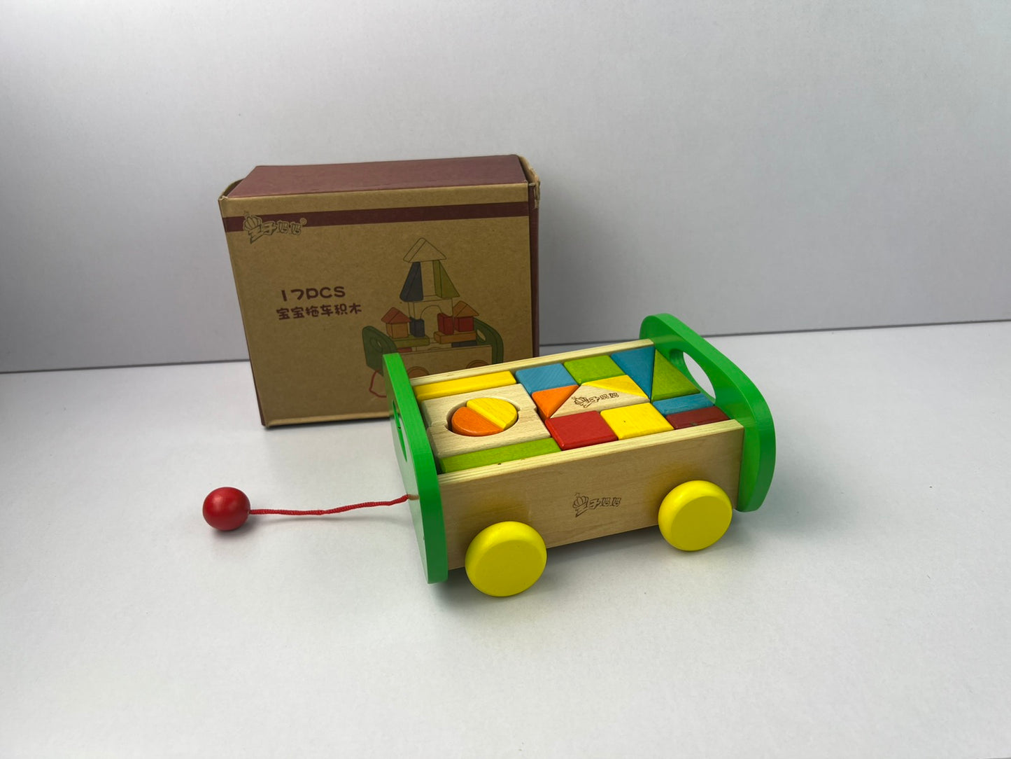 17pc Wooden Building Blocks Pull Toy Trolley