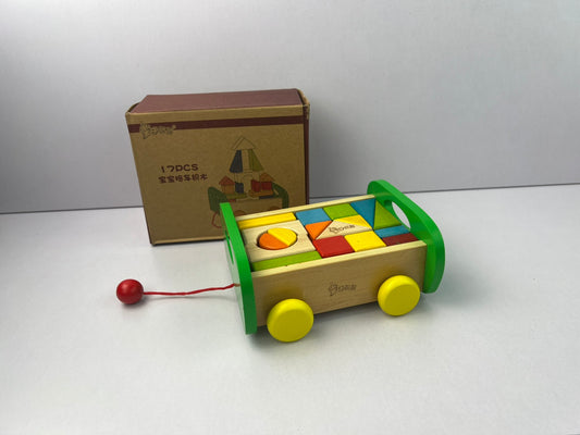 17pc Wooden Building Blocks Pull Toy Trolley