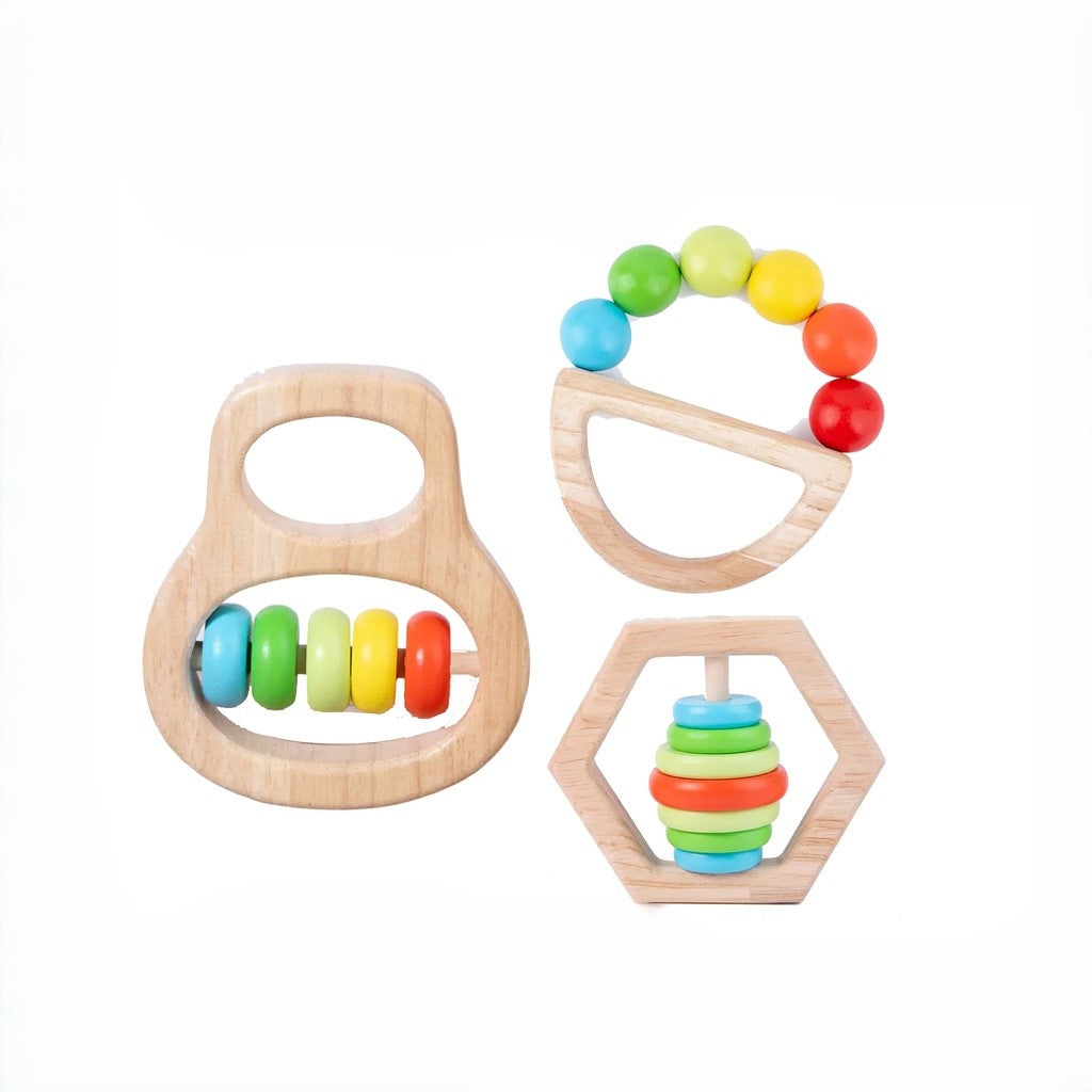 Wooden Grasping Rattle Teether with Colored Beads