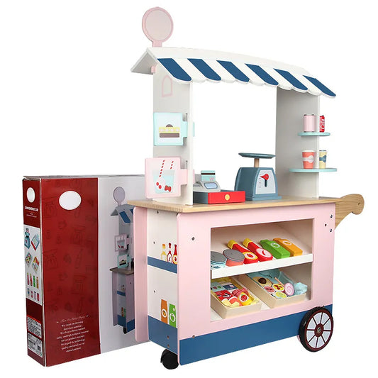 Wooden Market Food Cart Stall Toy Pretend Play