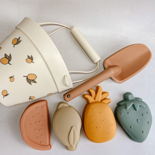 Silicone Fruit Beach Sand Toy Set for Toddlers Kids w/ Bucket, Shovel & Molds