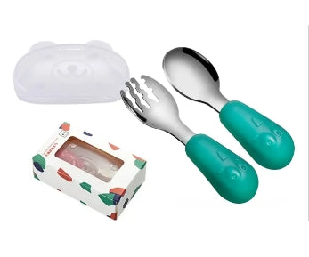 Happy Toddler Training Stainless Steel Spoon and Fork with Case