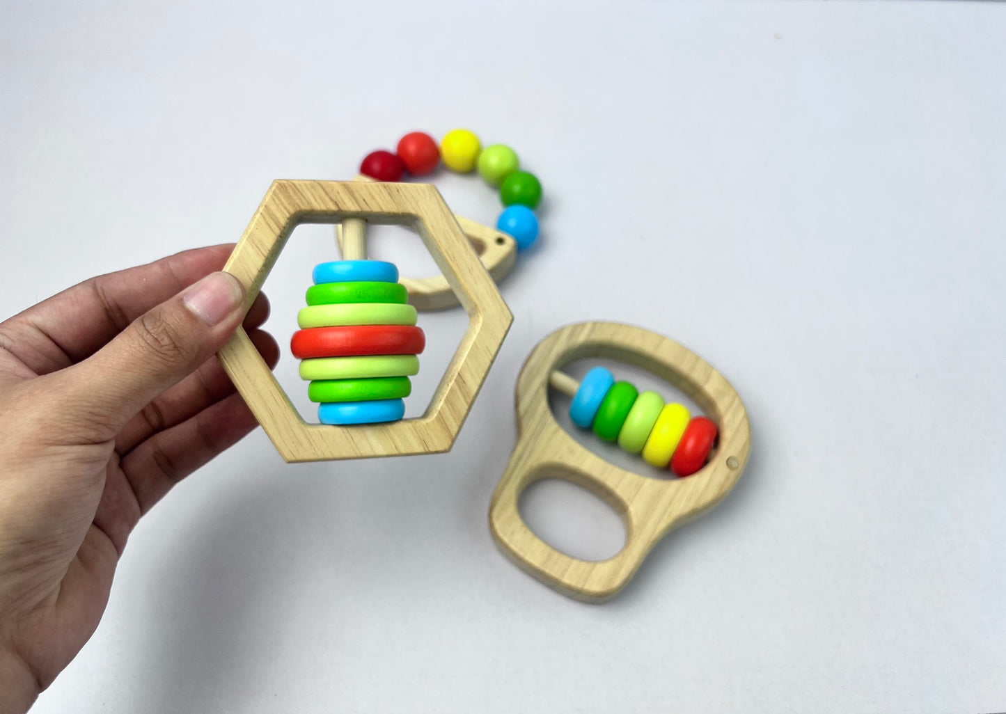 Wooden Grasping Rattle Teether with Colored Beads