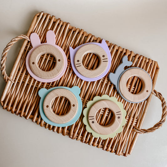 Silicone and Wood Animal Disc Teether